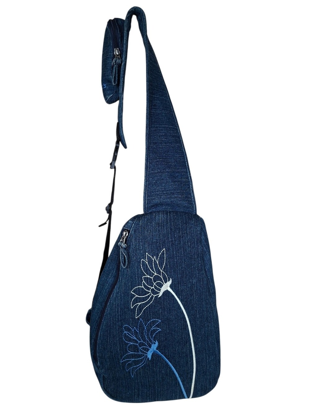 JAK'S Denim One Shoulder Crossbody Backpack Purse Sling Bag Flowers Embroidery